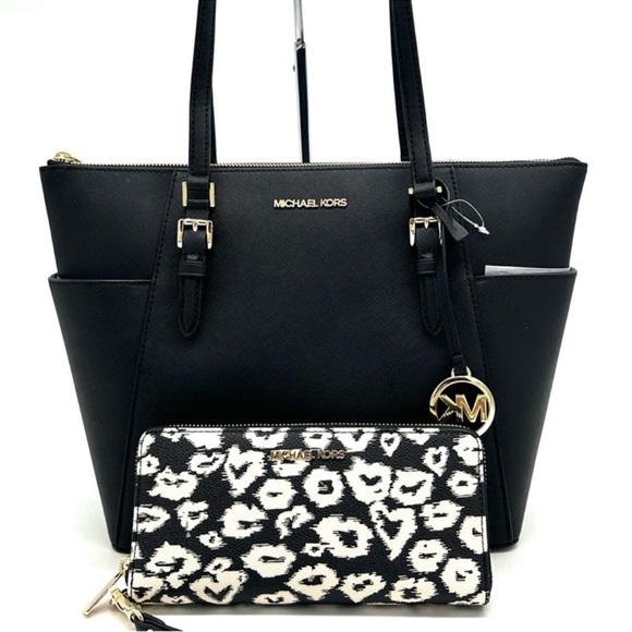 Michael Kors Large Charlotte Tote Bag & Large Continental Wallet Wristlet Black - Picture 2 of 15